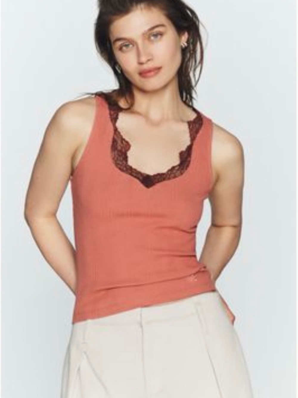 Maeve Ribbed Lace-Trim Tank in Rust